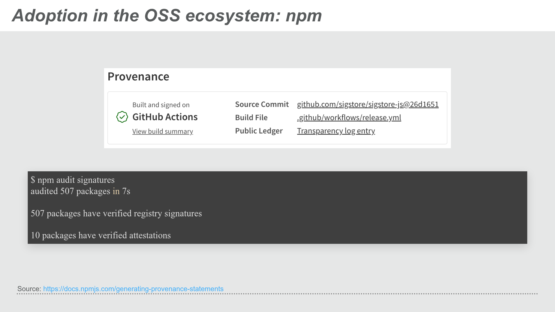npm support for generative provenance statements